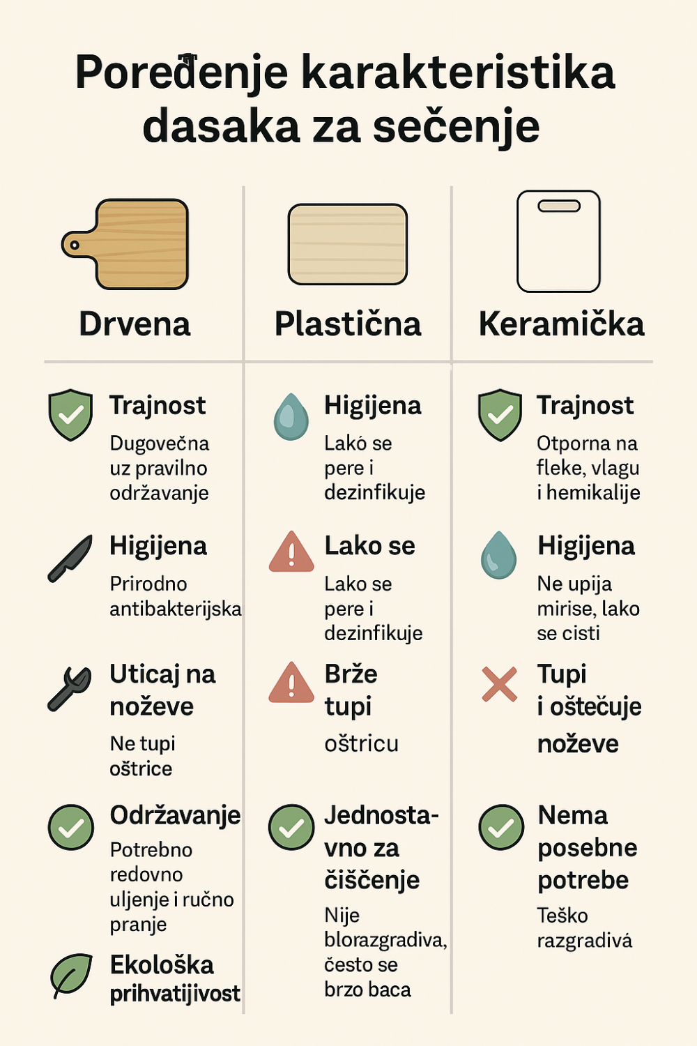 Saznajte koje su prednosti i mane drvenih, plastičnih i keramičkih dasaka za sečenje. Detaljno poređenje trajnosti, higijene, održavanja i uticaja na noževe.